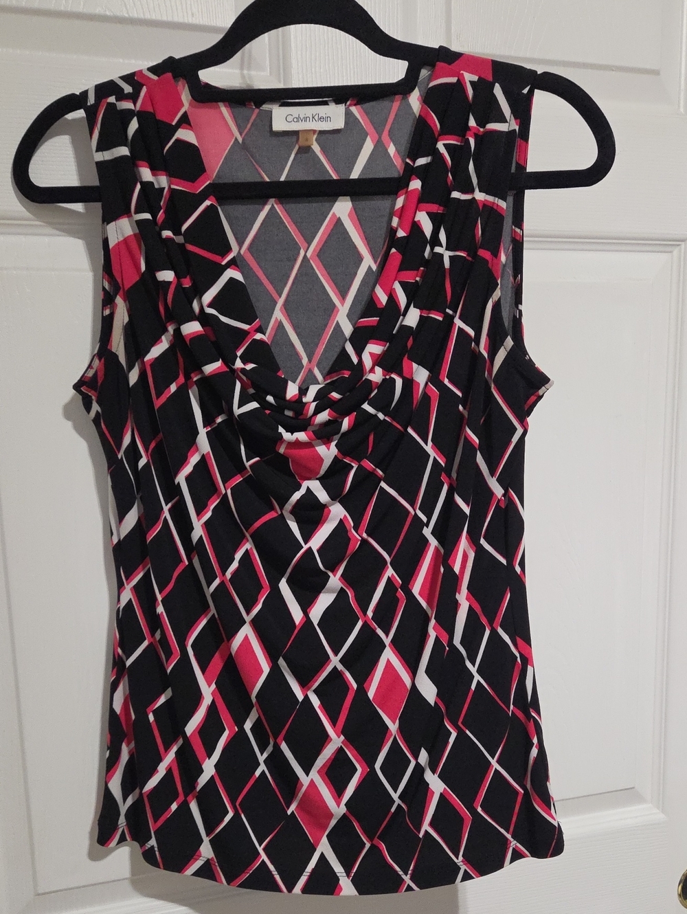 Calvin Klein Pink, Black & White Geometric Cowl Neck Sleeveless Top